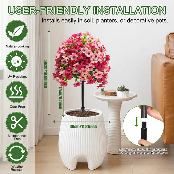 A pink artificial topiary ball flower plant is shown in a white pot, demonstrating user-friendly installation for outdoor use