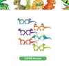 A set of 12 plastic glasses shaped like dinosaurs for a birthday party kit.