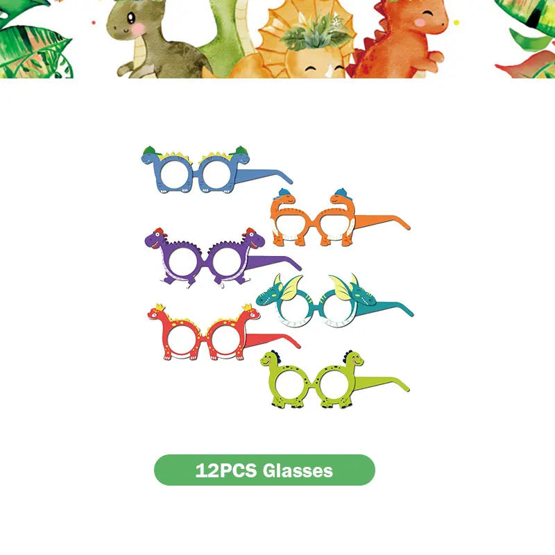A set of 12 plastic glasses shaped like dinosaurs for a birthday party kit.