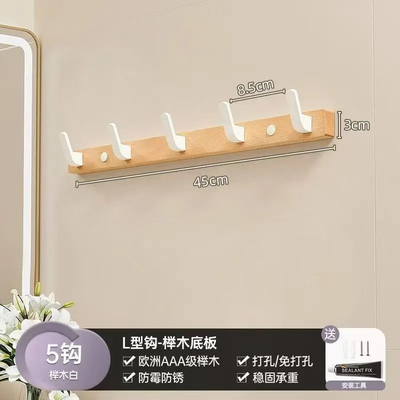 Walnut wood coat rack with 8 hooks and storage shelf mounted on a wall