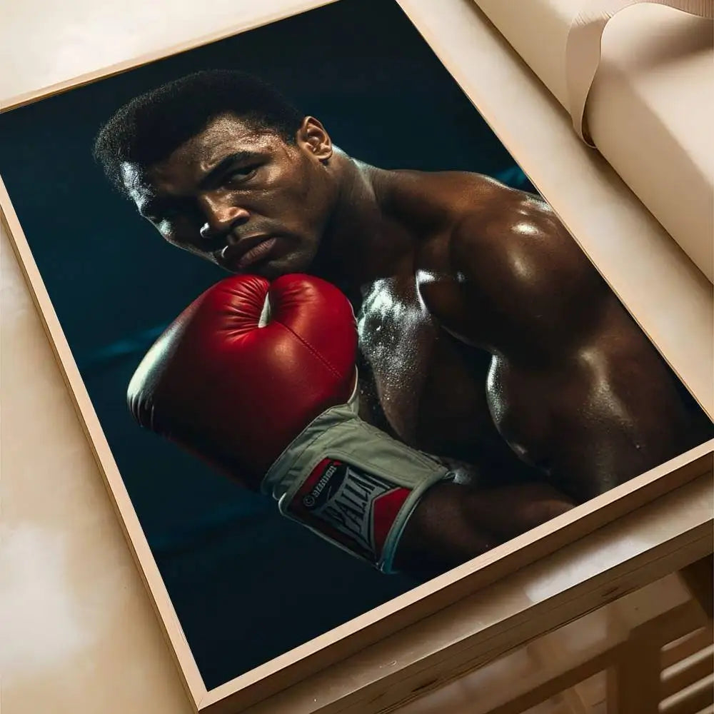 A framed poster featuring a portrait of Muhammad Ali in boxing gloves against a dark background.