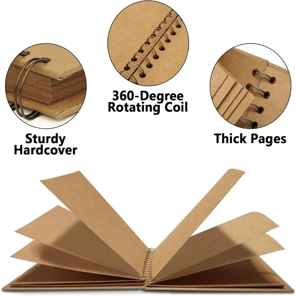 A handmade kraft paper scrapbook with thick pages bound by a 360-degree rotating coil.