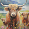 A close-up painting of a brown Highland cow with large horns standing in a field of colorful wildflowers.