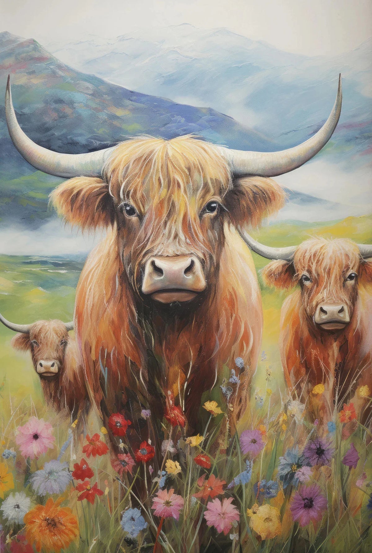 A close-up painting of a brown Highland cow with large horns standing in a field of colorful wildflowers.