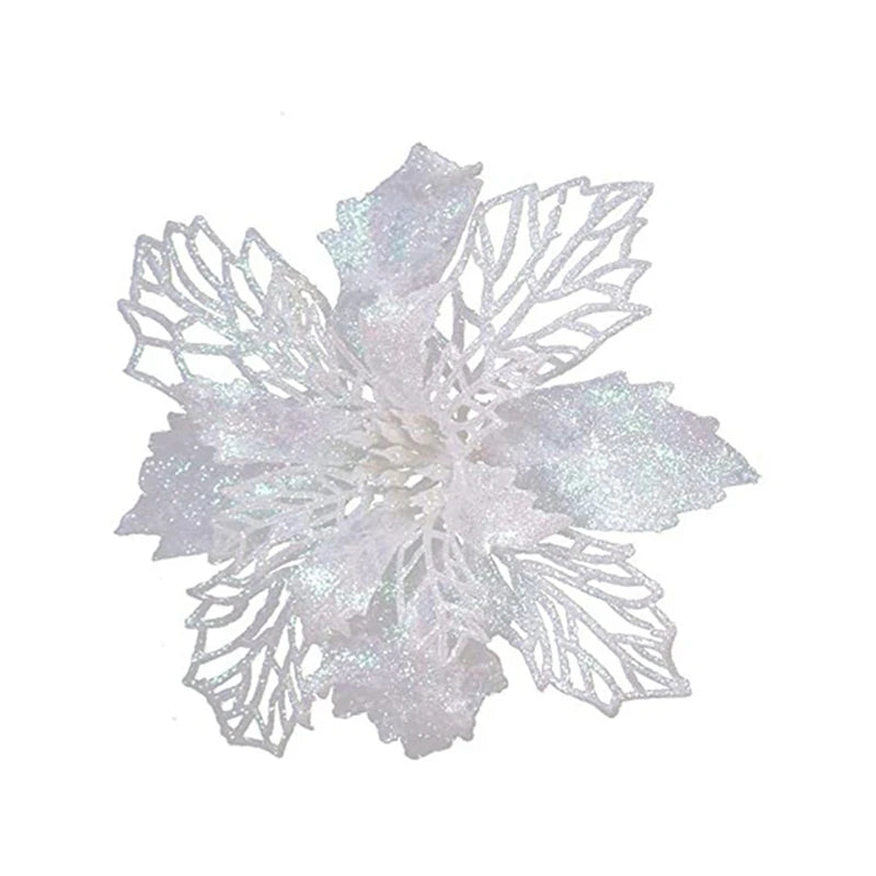 White silk artificial Christmas flowers with a gold sparkle finish