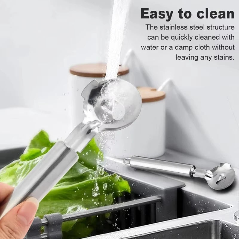 A hand is using a stainless steel nopal cactus peeler and cutter set to clean food in a kitchen sink.