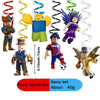 A set of six colorful robot-themed disposable party swirls and decorations.