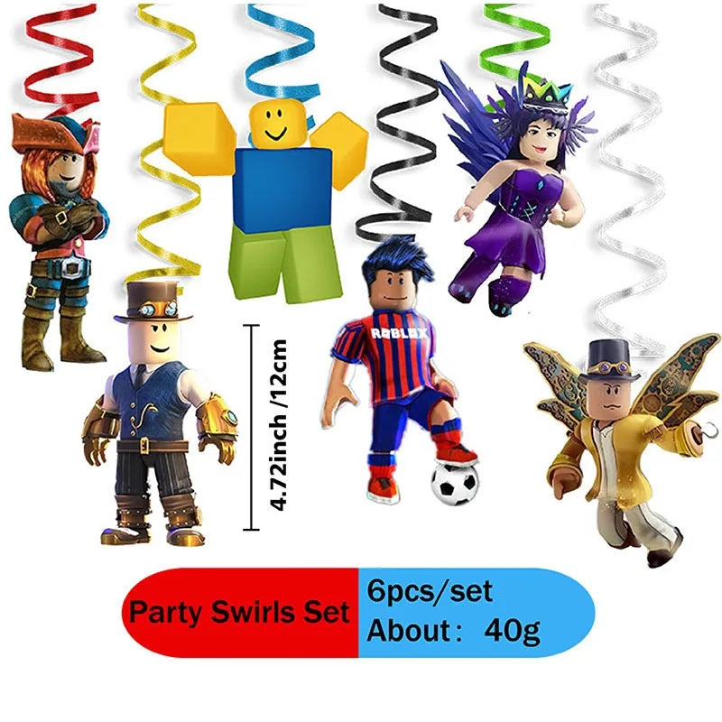 A set of six colorful robot-themed disposable party swirls and decorations.