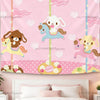 Pink tapestry featuring a whimsical carousel design with horses and hearts for room decor