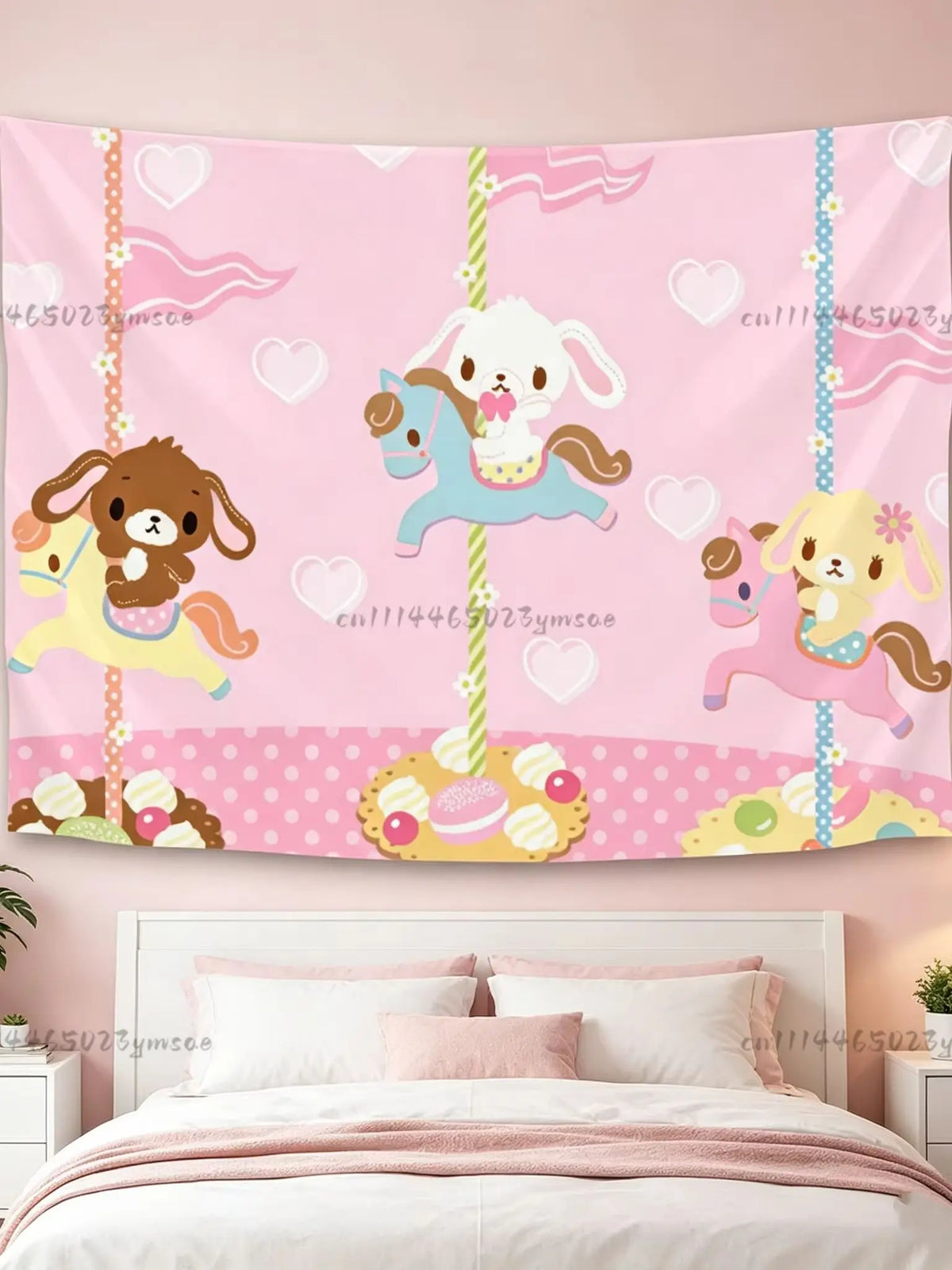 Pink tapestry featuring a whimsical carousel design with horses and hearts for room decor