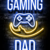 Neon sign featuring the word GAMING above a glowing yellow gamepad icon and the word DAD.