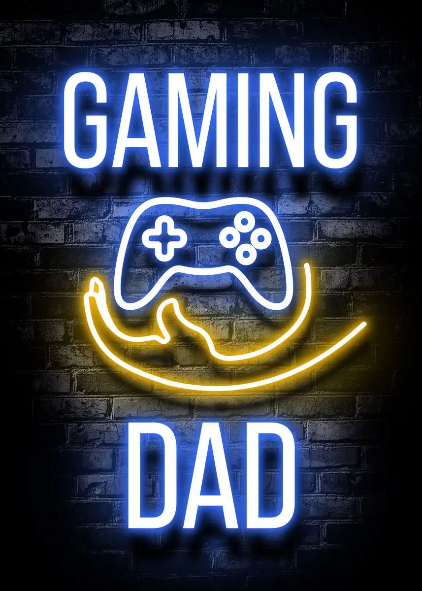 Neon sign featuring the word GAMING above a glowing yellow gamepad icon and the word DAD.