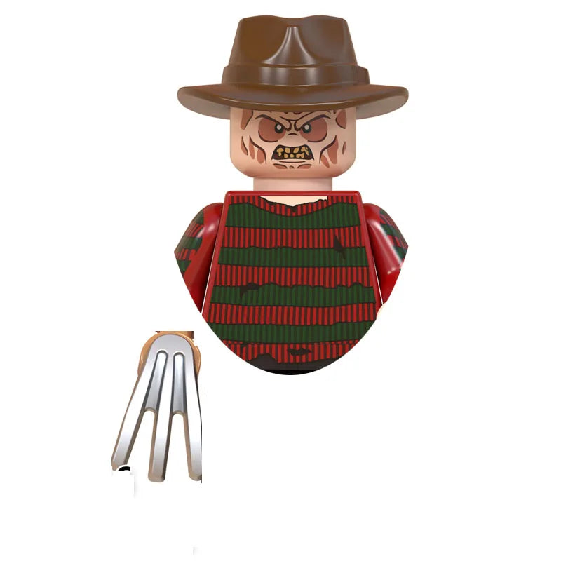 Horror movie icon building blocks set featuring a brown hat and a green striped shirt.