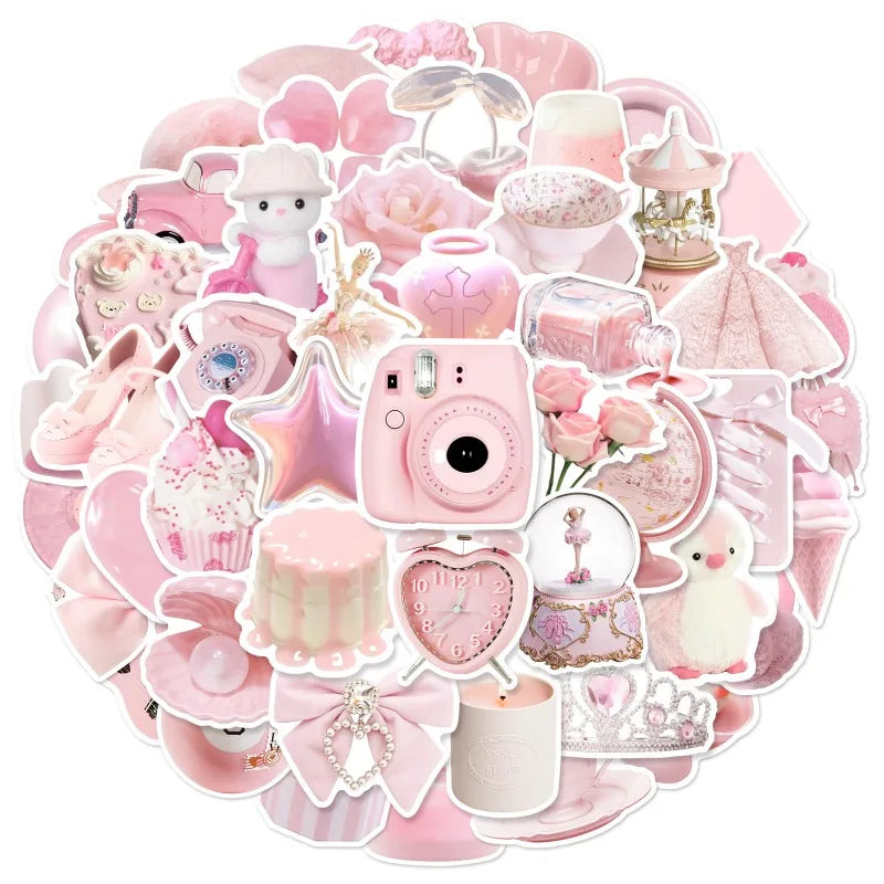 A collection of cute pink graffiti stickers and accessories including charms, buttons, and decorative items.