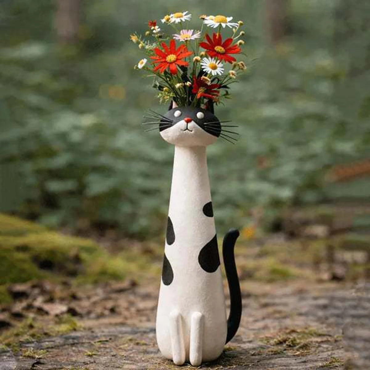 A white resin cat figurine with black spots holds a bouquet of colorful wildflowers.