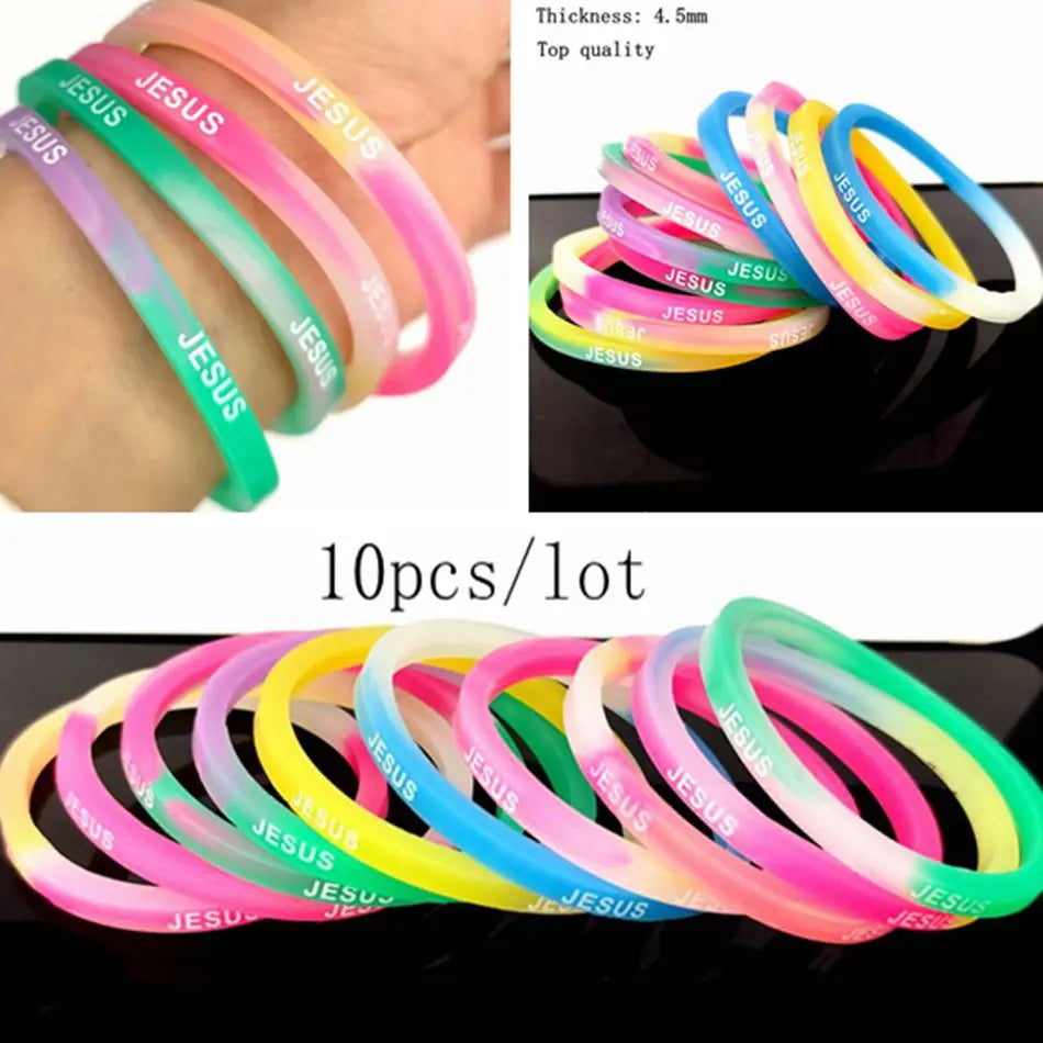 A collection of 10 silicone bracelets with a Jesus heart design in various bright colors.