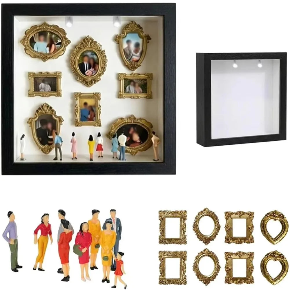 Dekorative Erinnerungskiste mit mehreren Fotorahmen und goldfarbenen Zierelementen.