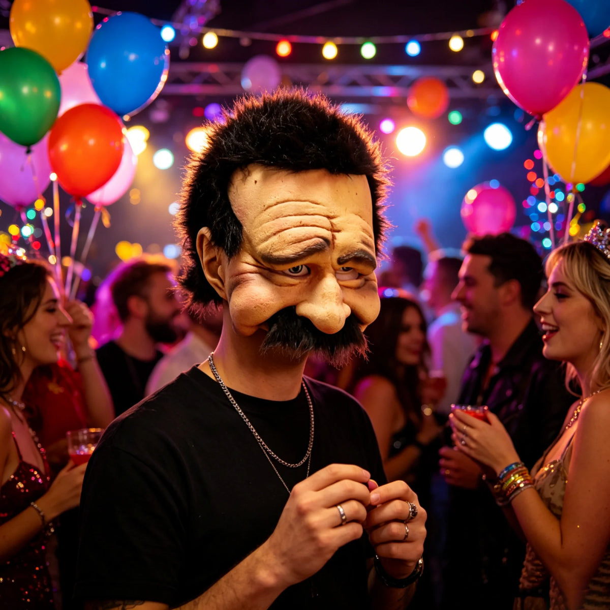 A man wearing a realistic old man horror mask is smiling and interacting with people at a party.