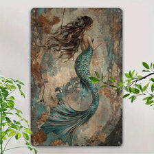 Vintage mermaid metal wall art sign featuring a woman with long flowing hair and a teal scale tail against an aged background