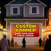 A custom banner is displayed on the front of a building, with people walking in the foreground.