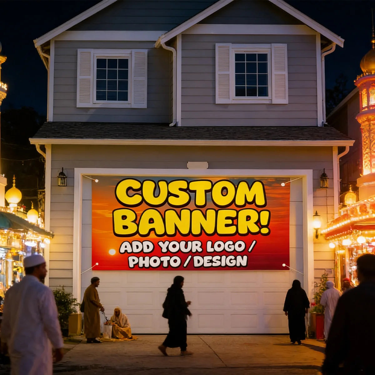 A custom banner is displayed on the front of a building, with people walking in the foreground.