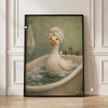 A painting of a white duck with a turban floating in water, displayed in a black frame.