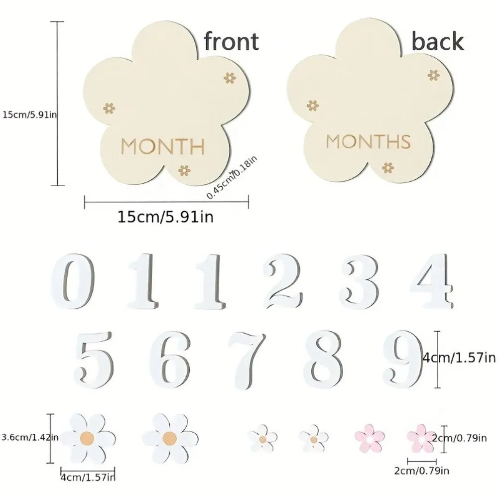 Set of wooden monthly milestone cards showing the words MONTH and MONTHS with numbers 0 through 9