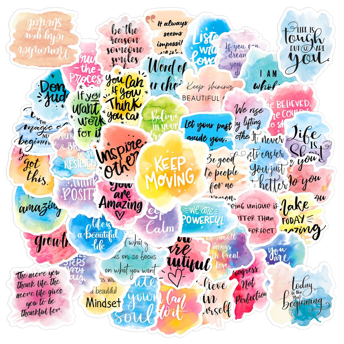 A collection of colorful inspirational quotes and affirmations written in a handwritten style on a white background.