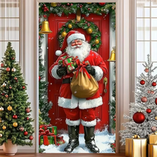 A festive door cover featuring Santa Claus in a red suit standing in the doorway surrounded by Christmas greenery and snow.