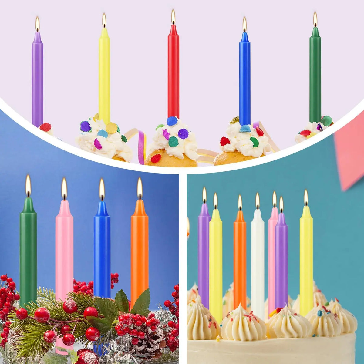 A collection of hand-poured soy wax stick candles in various colors, including purple, yellow, red, and green, displayed on a
