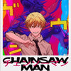 A poster featuring the Chainsaw Man anime character in a dynamic pose with vibrant pink and purple background elements.