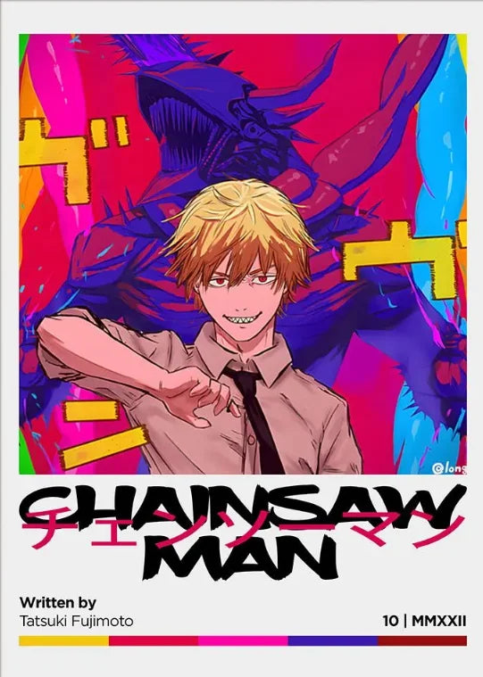 A poster featuring the Chainsaw Man anime character in a dynamic pose with vibrant pink and purple background elements.