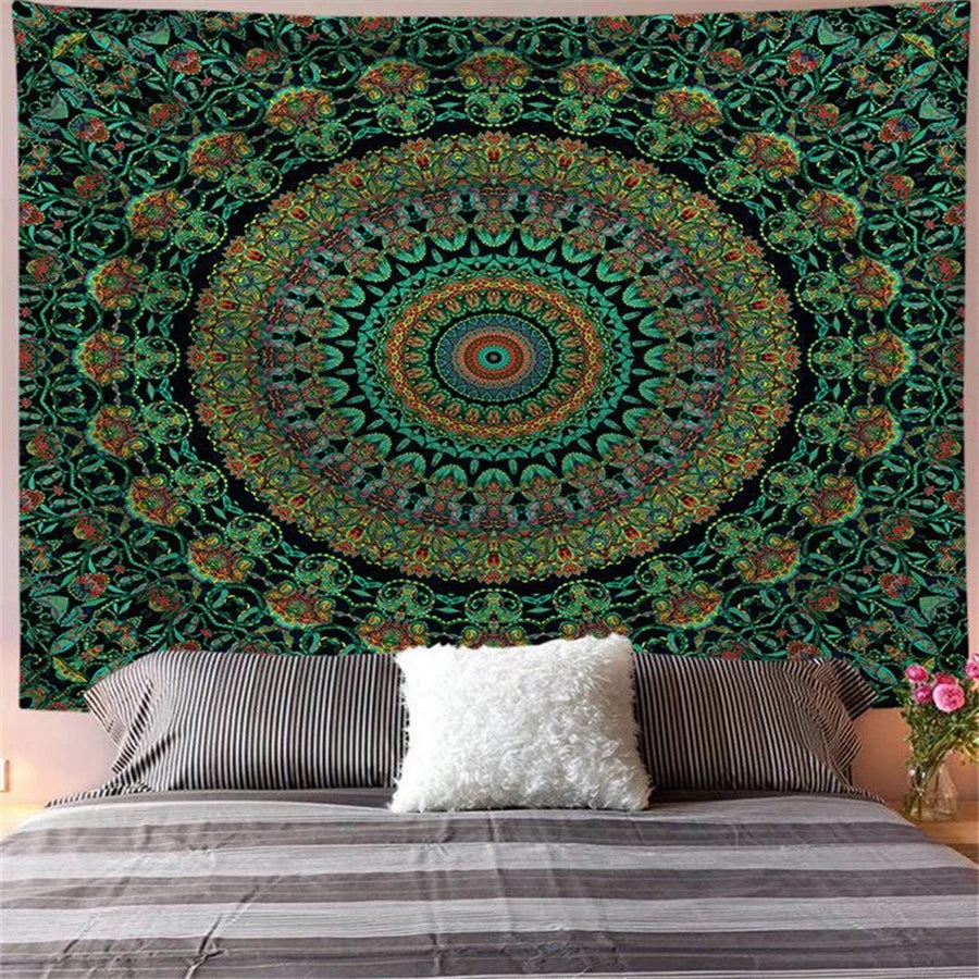 Bohemian mandala tapestry wall art featuring intricate floral patterns in teal, green, and black on a dark background.
