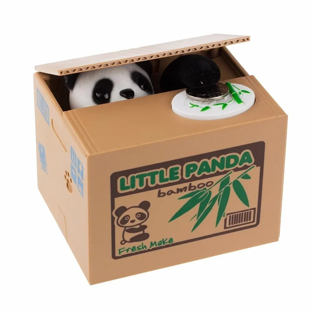 A cardboard box containing an interactive coin bank shaped like a panda, featuring bamboo leaves and a barcode.