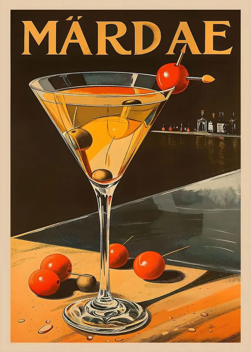 A vintage cocktail glass filled with an orange-colored drink sits on a wooden surface with citrus fruits.