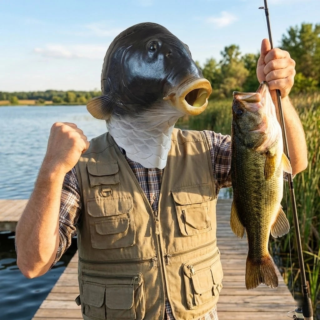 A man wearing a funny fish head latex costume mask holds a fish caught on a fishing rod.