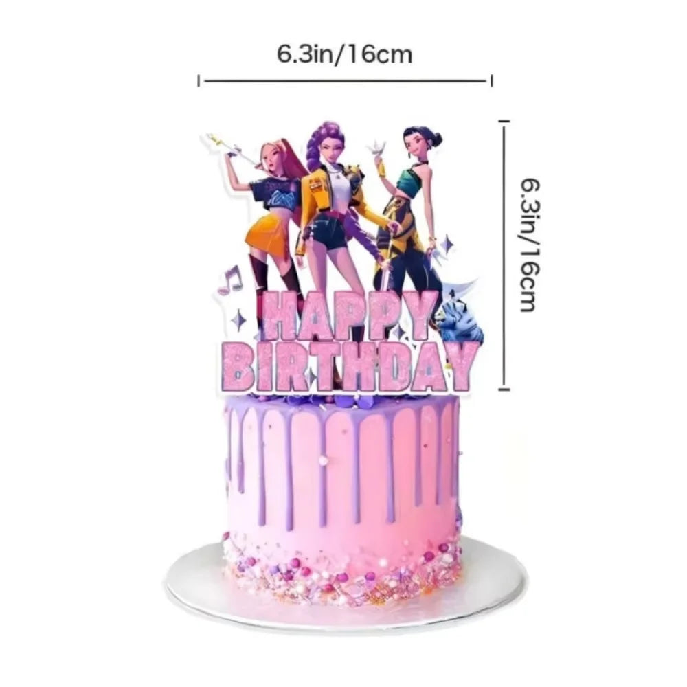 A pink birthday cake decorated with anime hunter girl toppers featuring characters in yellow and purple outfits.