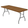 A rectangular brown spandex tablecloth table with black metal legs.