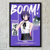 Anime poster featuring a character with purple hair and a white shirt against a purple background
