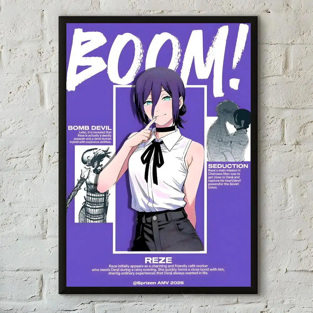 Anime poster featuring a character with purple hair and a white shirt against a purple background