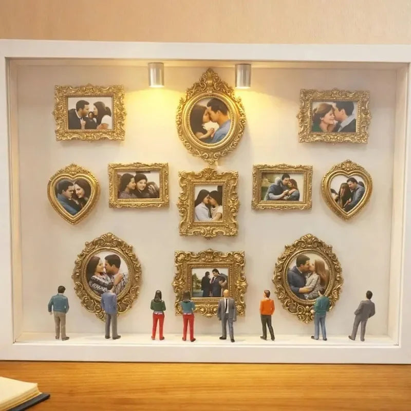 A display featuring ten vintage resin picture frames with various couple portraits and figures.