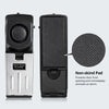 A black door stop alarm unit and a non-skid pad are shown side by side.