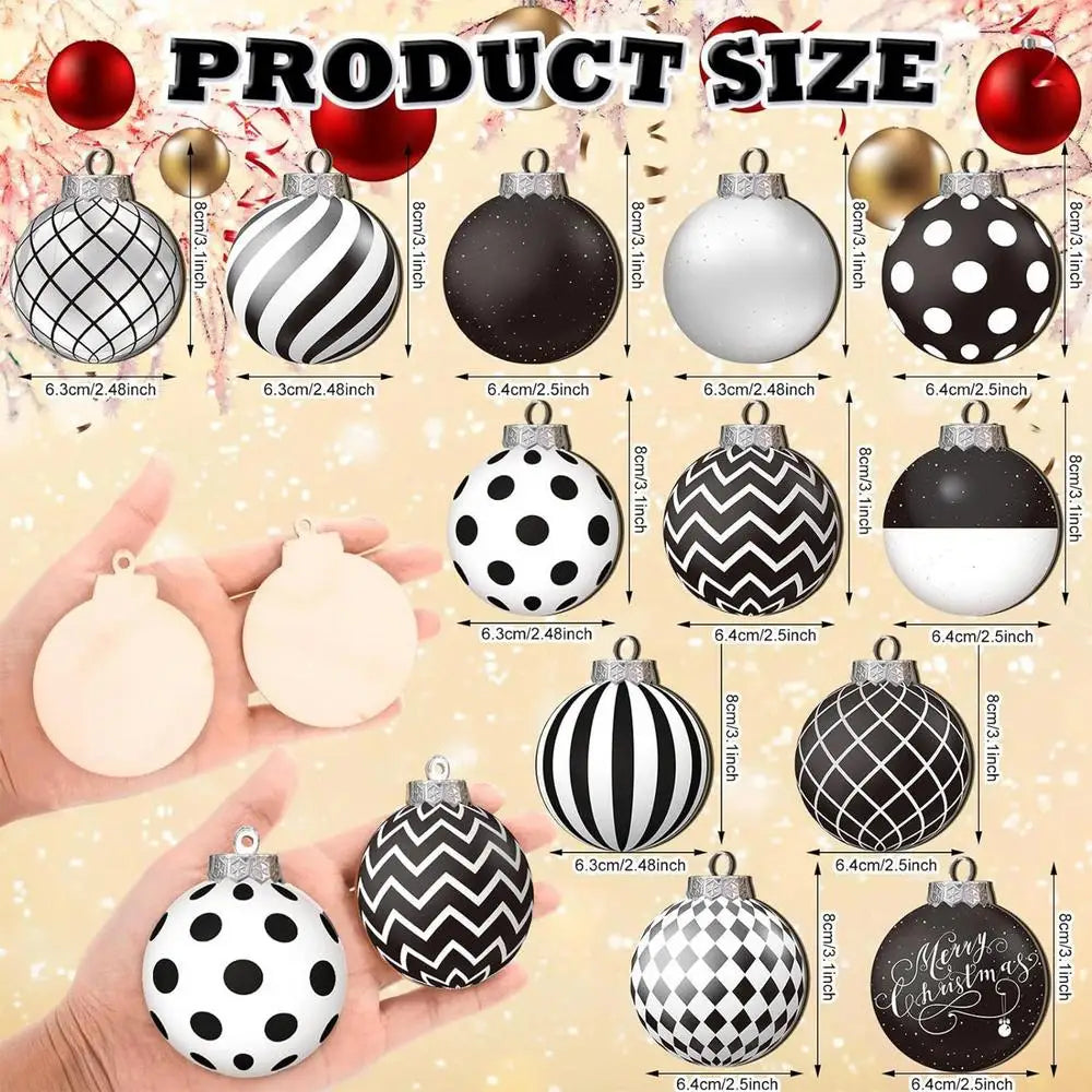 A collection of various size and patterned polka dot winter ball Christmas ornaments displayed in a hand.