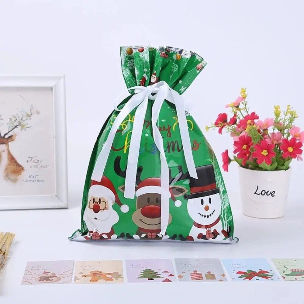 A set of five festive green drawstring Christmas gift bags featuring Santa and snowman designs.