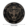 A black wooden pendulum board featuring a pentagram design with celestial symbols and text like YES, MAYBE, NO, and REPHRASE.