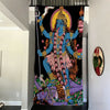 A vibrant spiritual banner featuring Maa Kali with blue skin, multiple arms, and elaborate jewelry against a black background
