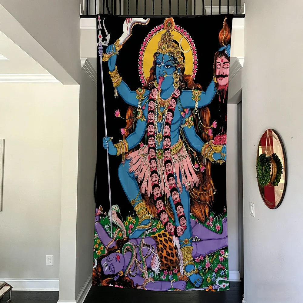 A vibrant spiritual banner featuring Maa Kali with blue skin, multiple arms, and elaborate jewelry against a black background