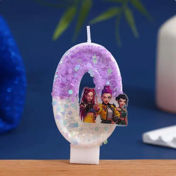 A purple glittered donut shaped birthday candle with three small figures inside.