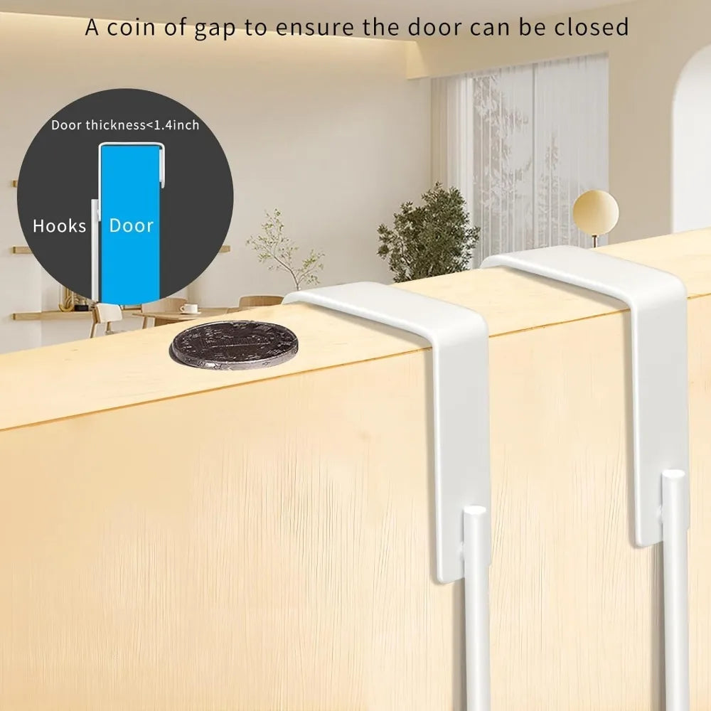 A set of heavy duty over-the-door hooks is shown next to a wooden cabinet, demonstrating how they can be used to close a door