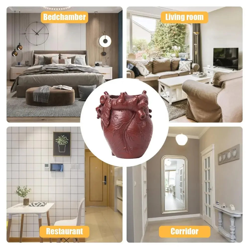 Heart-shaped resin pen organizer displayed in various room settings including a bedroom, living room, restaurant, and corrido